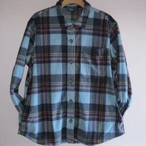 Eddie Bauer Women's Microfleece Button Up Flannel Shirt Shacket Blue Plaid XL
